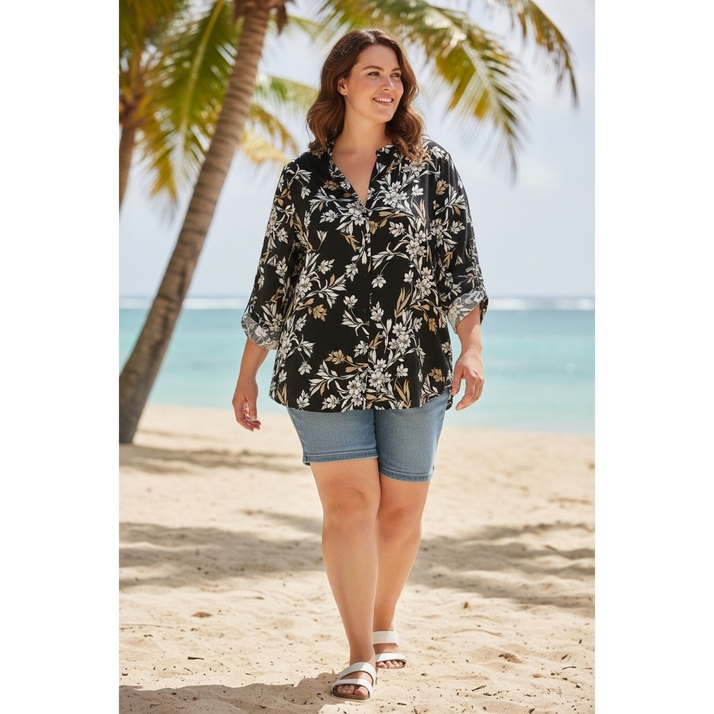 ALLISON DALEY WOMAN Black Floral Print Button Down Tunic Top 3X‎